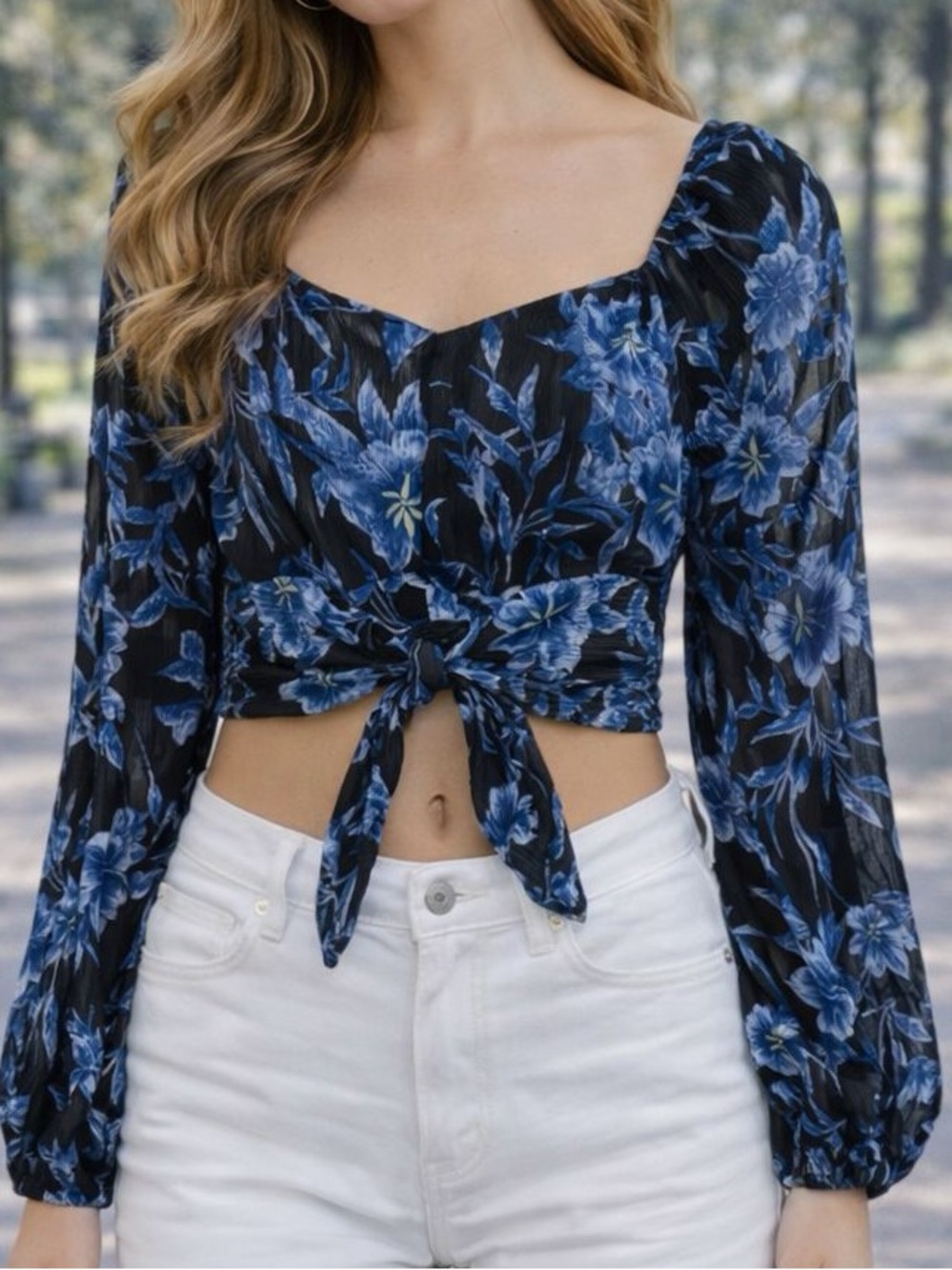 Japna Blue Floral Tie-Front Long Sleeve Crop Top